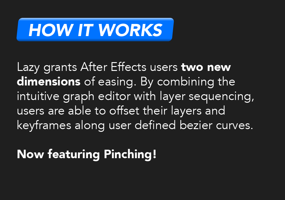 How it works: Lazy grants After Effects users two new dimensions of easing. By combining the intuitive graph editor with layer sequencing, users are able to offset their layers and keyframes along user defined bezier curves. Now featuring pinching!